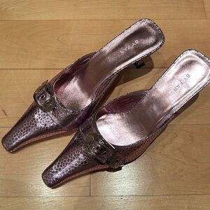 BY FAR Pink Metallic Snake Kitten Heel